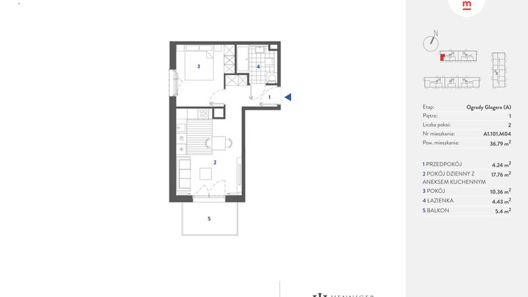 Rzut - Mieszkanie na sprzedaż 2 pokoje o powierzchni 36,77 m² - numer A1.101.M04 w Mieszkaj w mieście - Ogrody Glogera