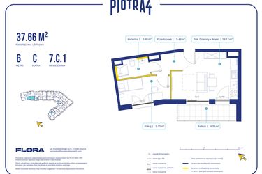 Rzut - Mieszkanie na sprzedaż 2 pokoje o powierzchni 37,66 m² - numer 7.C.1 w Piotra 4