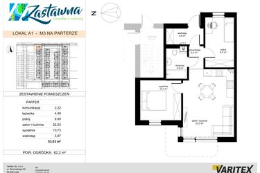 Rzut - Mieszkanie na sprzedaż 3 pokoje o powierzchni 53,03 m² - numer A.1 w Zastawna OdNova