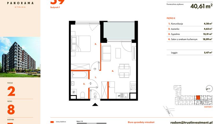 Rzut - Mieszkanie na sprzedaż 2 pokoje o powierzchni 40,61 m² - numer F59 w Panorama Struga