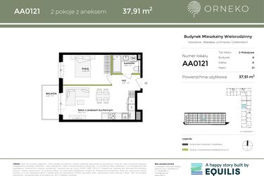 Rzut - Mieszkanie na sprzedaż 2 pokoje o powierzchni 37,91 m² - numer AA0121 w Orneko