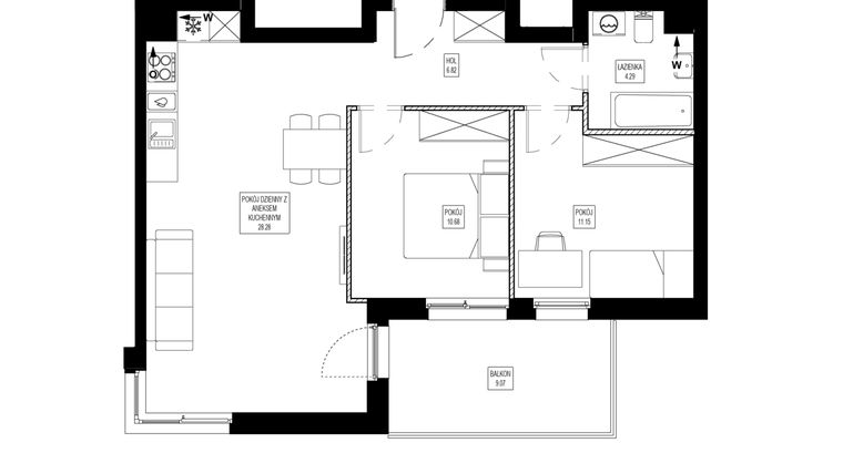 Rzut - Mieszkanie na sprzedaż 3 pokoje o powierzchni 61,22 m² - numer OK6/A/1/1 w Osiedle Kameralne VI