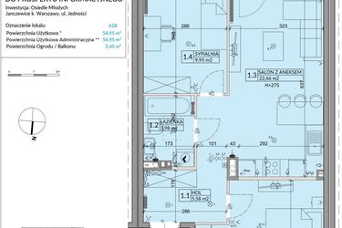 Rzut - Mieszkanie na sprzedaż 3 pokoje o powierzchni 54,95 m² - numer 62B w Osiedle Młodych etap X