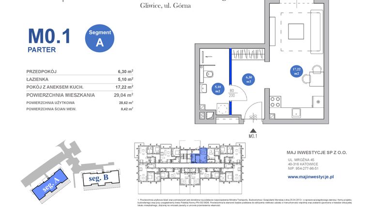 Rzut - Mieszkanie na sprzedaż 1 pokój o powierzchni 28,62 m² - numer M0.1 w Osiedle Majowe 2.0 etap II