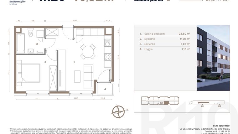 Rzut - Mieszkanie na sprzedaż 2 pokoje o powierzchni 40,82 m² - numer 26 w Radzikowskiego 110