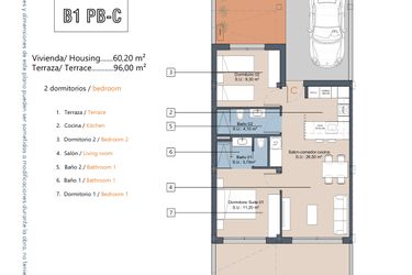 Rzut - Mieszkanie na sprzedaż 2 pokoje o powierzchni 60,2 m² - numer 1.0.C w LA Sunrise - Los Alcázares