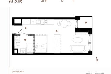 Rzut - Mieszkanie na sprzedaż 1 pokój o powierzchni 31,18 m² - numer A1.6.06 w Belg Apartamenty etap II