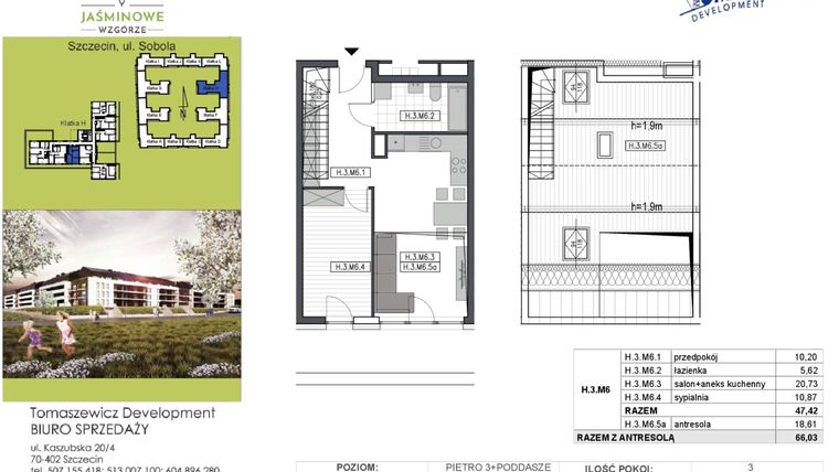 Rzut - Mieszkanie na sprzedaż 3 pokoje o powierzchni 66,03 m² - numer H3M6 w Jaśminowe Wzgórze - etap II