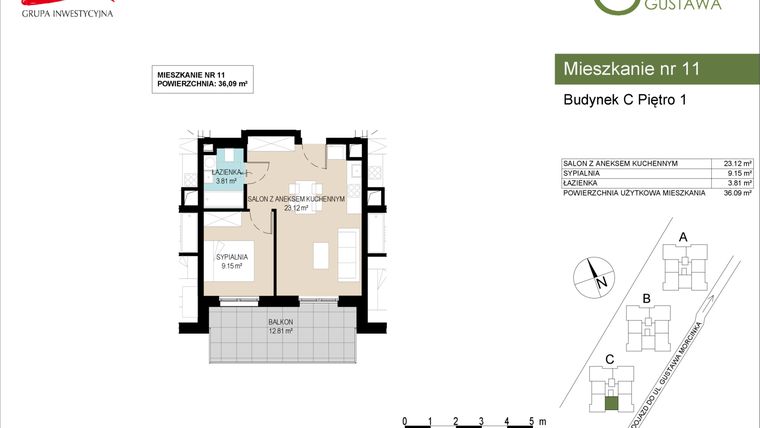 Rzut - Mieszkanie na sprzedaż 2 pokoje o powierzchni 36,09 m² - numer C11 w Wzgórze Gustawa