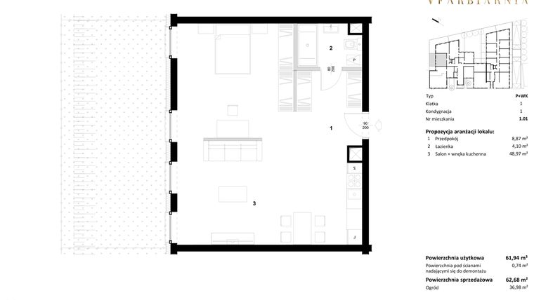 Rzut - Mieszkanie na sprzedaż 1 pokój o powierzchni 62,68 m² - numer 1.01 w Stara Farbiarnia