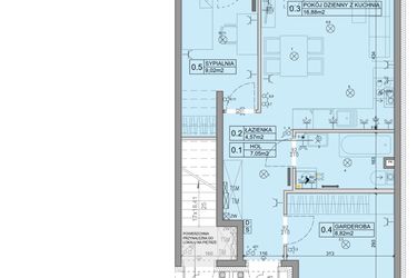 Rzut - Mieszkanie na sprzedaż 3 pokoje o powierzchni 46,34 m² - numer 113 w Manufaktura Marki 2 etap IV