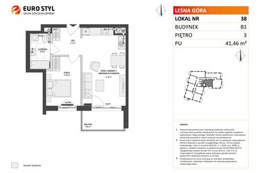 Rzut - Mieszkanie na sprzedaż 2 pokoje o powierzchni 41,42 m² - numer 38 w Leśna Góra