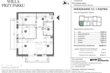 Rzut - Mieszkanie na sprzedaż 3 pokoje o powierzchni 52,69 m² - numer 1.C w Willa przy parku