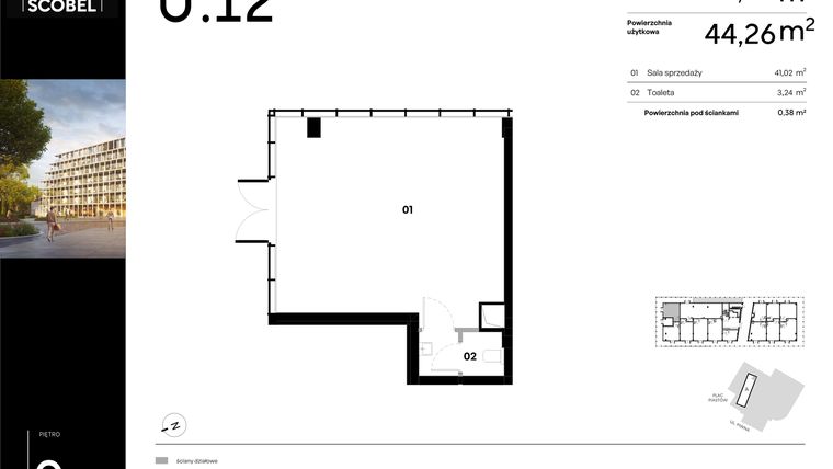 Rzut - Lokal użytkowy na sprzedaż 1 pokój o powierzchni 44,64 m² - numer U.12 w Browar HUGO SCOBEL