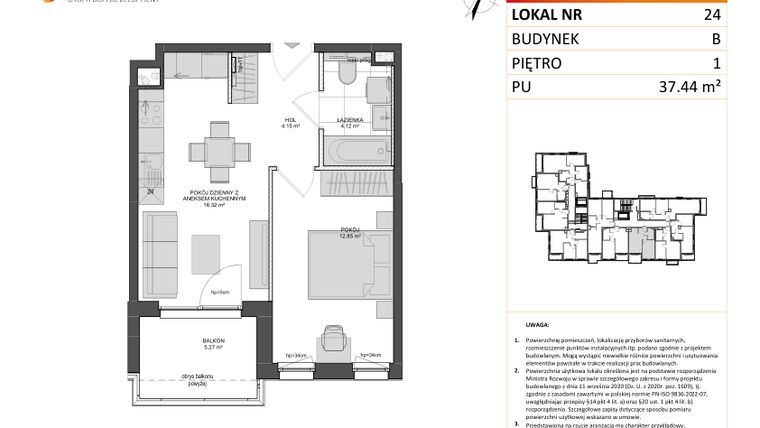 Rzut - Mieszkanie na sprzedaż 2 pokoje o powierzchni 37,44 m² - numer B.24 w Wzgórze Hoplity etap II