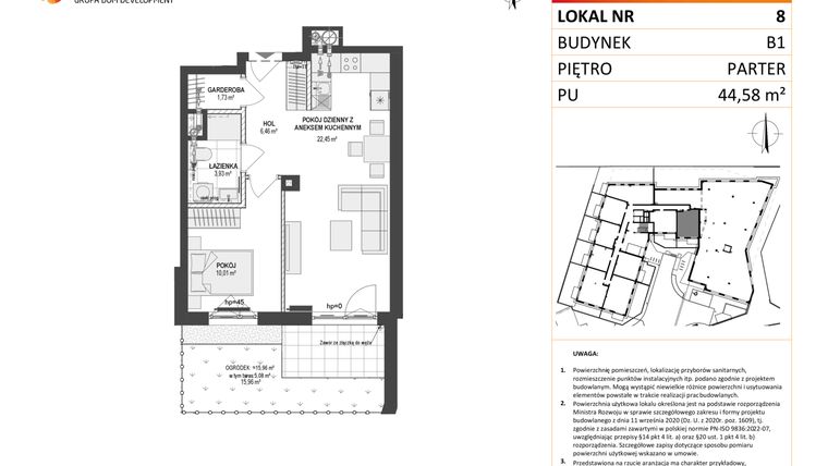 Rzut - Mieszkanie na sprzedaż 2 pokoje o powierzchni 44,58 m² - numer 8 w Leśna Góra