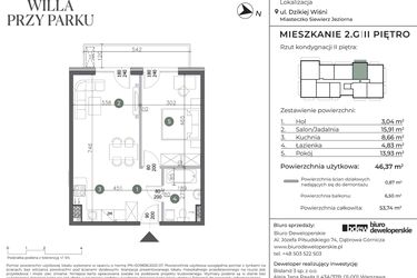 Rzut - Mieszkanie na sprzedaż 2 pokoje o powierzchni 46,37 m² - numer 2.G w Willa przy parku