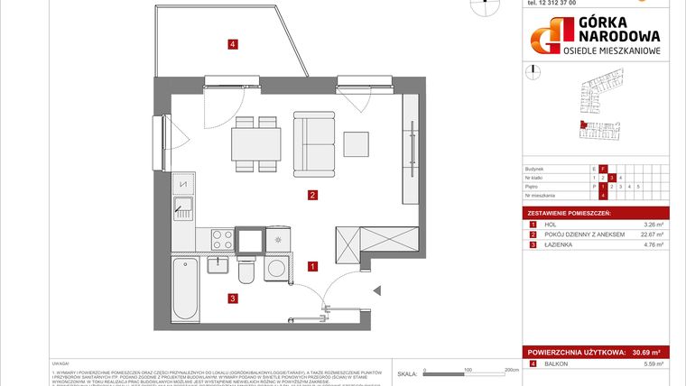 Rzut - Mieszkanie na sprzedaż 1 pokój o powierzchni 30,69 m² - numer 5.3.F.4 w Osiedle Górka Narodowa etap 5