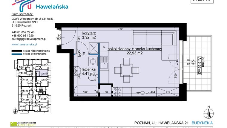 Rzut - Mieszkanie na sprzedaż 1 pokój o powierzchni 31,4 m² - numer A/4/32 w Osiedle Hawelańska etap III - bud. A