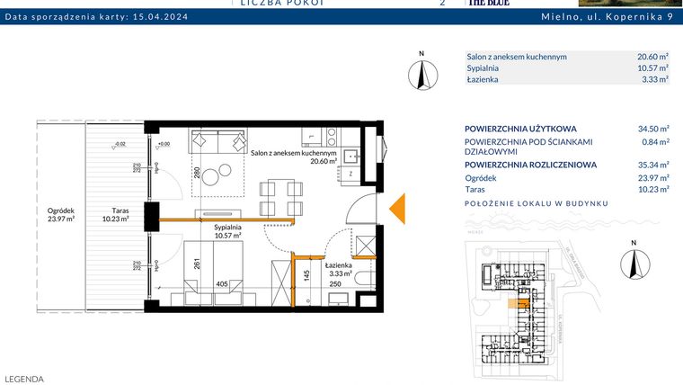 Rzut - Mieszkanie na sprzedaż 2 pokoje o powierzchni 35,34 m² - numer 0.02 w The Blue