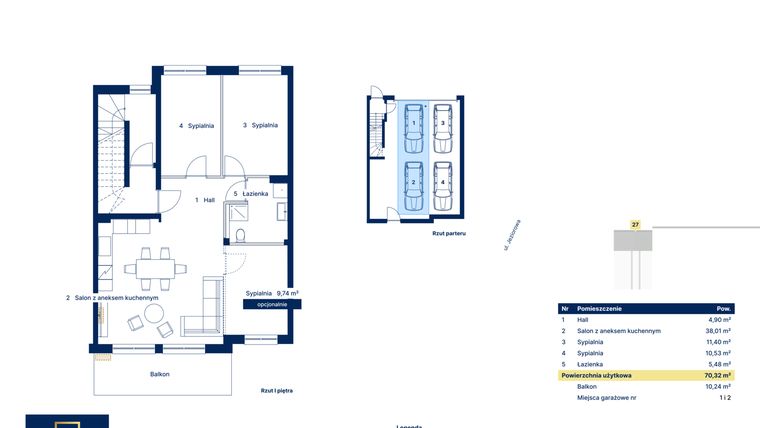 Rzut - Mieszkanie na sprzedaż 4 pokoje o powierzchni 70,32 m² - numer 27 w Nova Jeziorowa 2