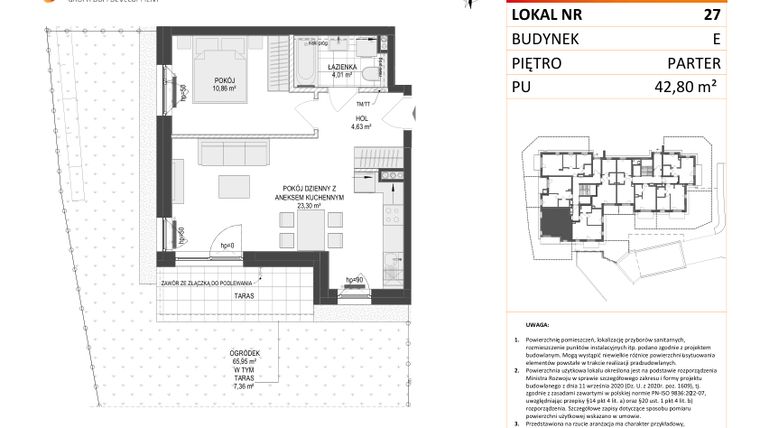 Rzut - Mieszkanie na sprzedaż 2 pokoje o powierzchni 42,8 m² - numer E.27 w Osiedle Warszawska
