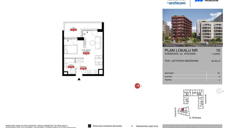 Rzut - Mieszkanie na sprzedaż 1 pokój o powierzchni 34,45 m² - numer B1.10 w Modern Mokotów