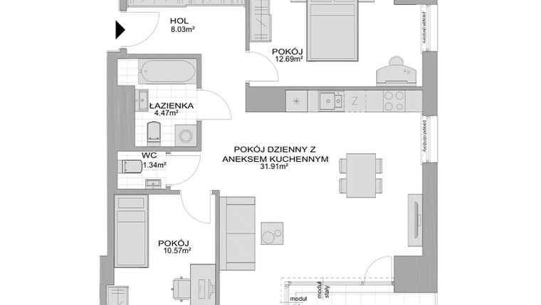 Rzut - Mieszkanie na sprzedaż 3 pokoje o powierzchni 71,31 m² - numer CP/R7/45 w Centralpark