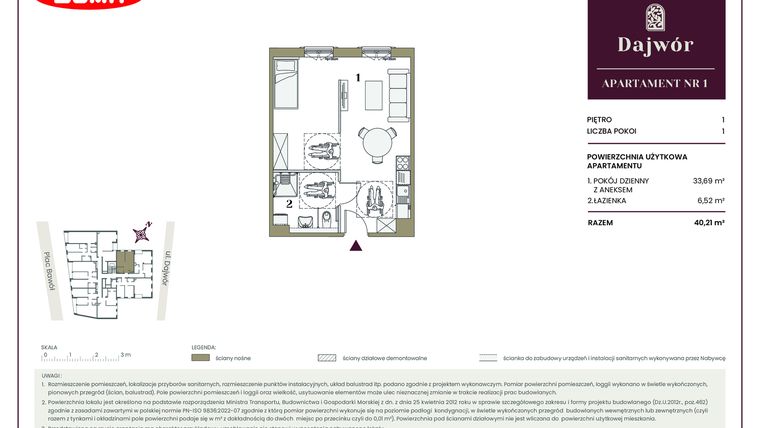 Rzut - Mieszkanie na sprzedaż 1 pokój o powierzchni 40,21 m² - numer 1 w Dajwór