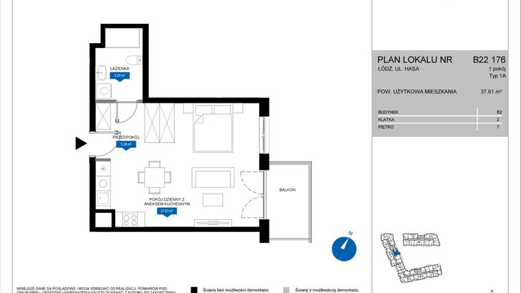 Rzut - Mieszkanie na sprzedaż 1 pokój o powierzchni 37,61 m² - numer B22 176 w Flow - bud. B2 A i bud. B2 B