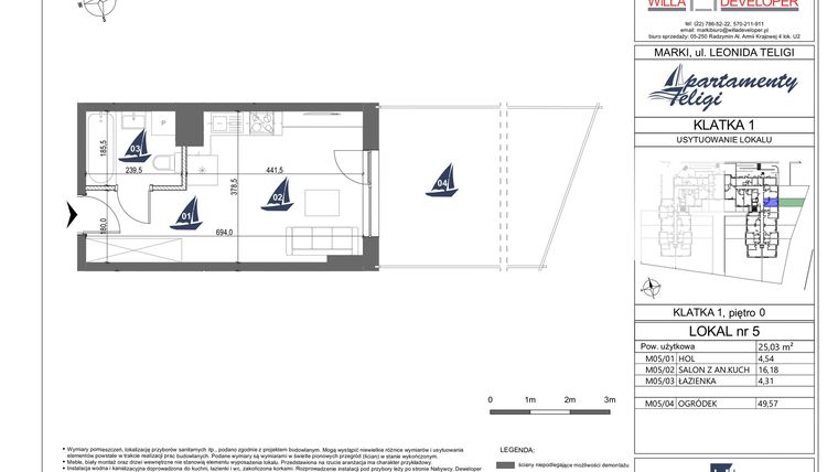 Rzut - Mieszkanie na sprzedaż 1 pokój o powierzchni 25,03 m² - numer 5 w Apartamenty Teligi