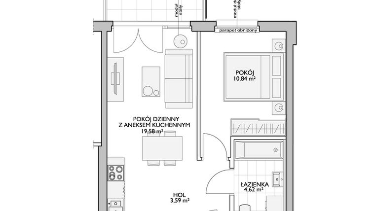 Rzut - Mieszkanie na sprzedaż 2 pokoje o powierzchni 39,72 m² - numer WO/P33/17 w Wiszące Ogrody