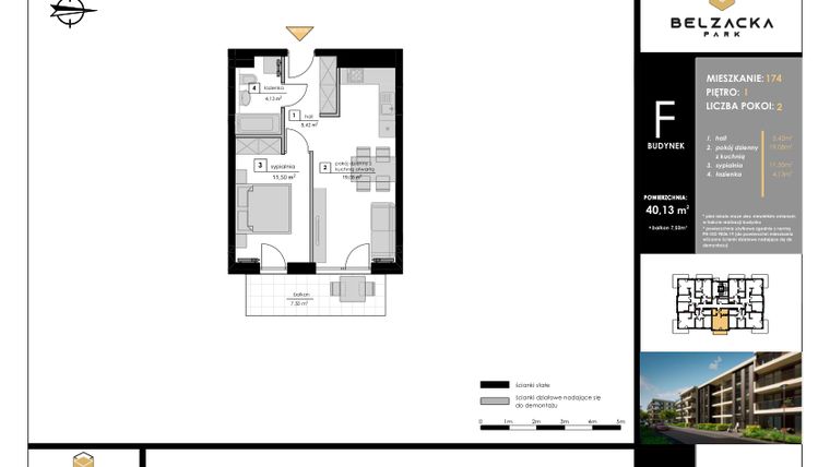 Rzut - Mieszkanie na sprzedaż 2 pokoje o powierzchni 40,13 m² - numer F.174 w Belzacka Park etap III