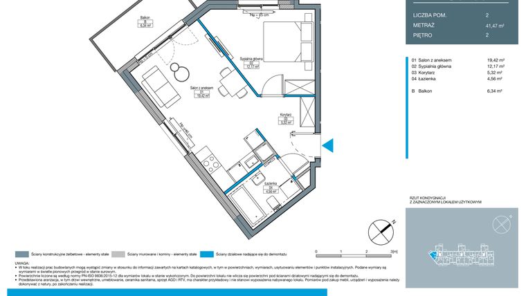 Rzut - Mieszkanie na sprzedaż 2 pokoje o powierzchni 41,47 m² - numer DC0205 w Talarowa Park II
