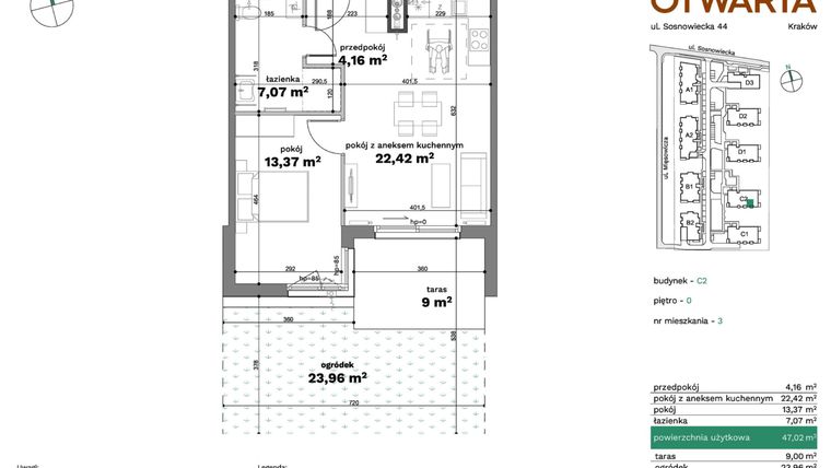 Rzut - Mieszkanie na sprzedaż 2 pokoje o powierzchni 47,02 m² - numer C2-3 w Forma Otwarta etap C