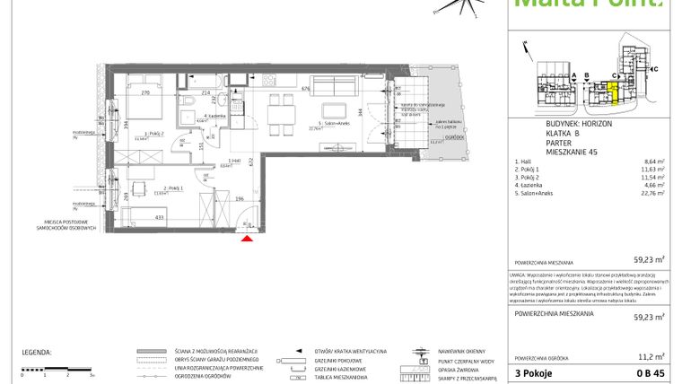 Rzut - Mieszkanie na sprzedaż 3 pokoje o powierzchni 59,32 m² - numer HO/0 B 45 w Malta Point