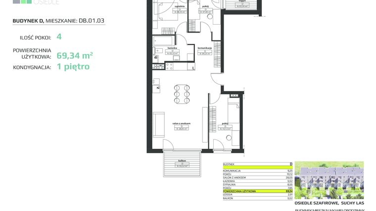 Rzut - Mieszkanie na sprzedaż 4 pokoje o powierzchni 69,34 m² - numer DB.01.03 w Osiedle Szafirowe etap III