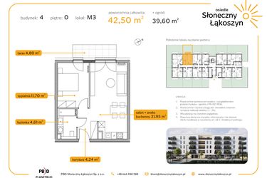 Rzut - Mieszkanie na sprzedaż 2 pokoje o powierzchni 42,5 m² - numer 4/M/0/3 w Osiedle Słoneczny Łąkoszyn bud. 4