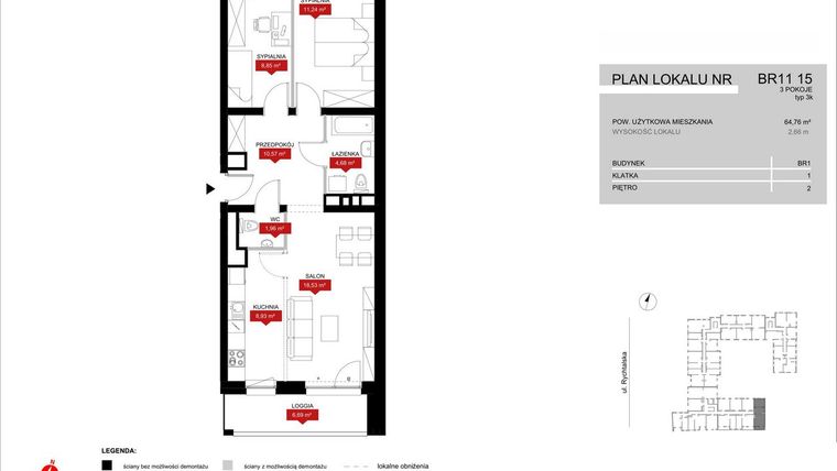 Rzut - Mieszkanie na sprzedaż 3 pokoje o powierzchni 64,76 m² - numer BR11/15 w Browary Wrocławskie 2