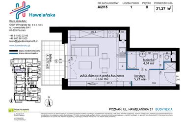 Rzut - Mieszkanie na sprzedaż 1 pokój o powierzchni 31,27 m² - numer A/2/15 w Osiedle Hawelańska etap III - bud. A