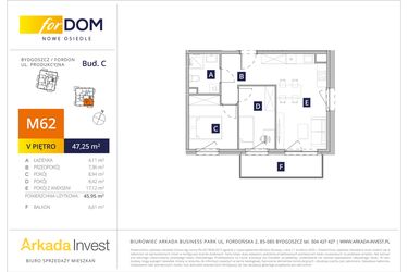 Rzut - Mieszkanie na sprzedaż 3 pokoje o powierzchni 45,94 m² - numer M62_F.c w Osiedle forDOM – etap C