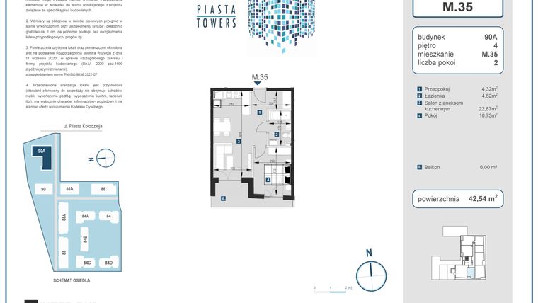 Rzut - Mieszkanie na sprzedaż 2 pokoje o powierzchni 42,54 m² - numer 35 w Piasta Towers bud. 90A