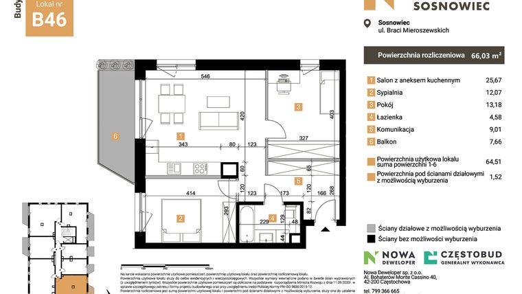 Rzut - Mieszkanie na sprzedaż 3 pokoje o powierzchni 66,03 m² - numer 46 w Nowy Sosnowiec