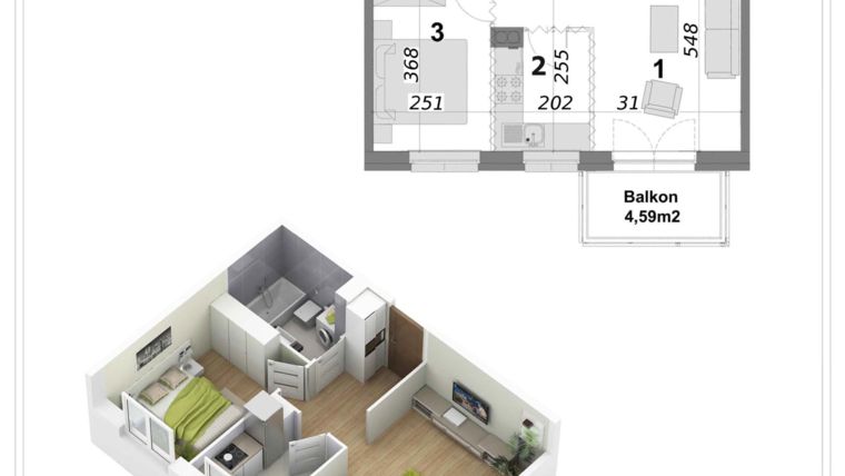 Rzut - Mieszkanie na sprzedaż 2 pokoje o powierzchni 42,18 m² - numer O6.2 w Nowy Bartąg