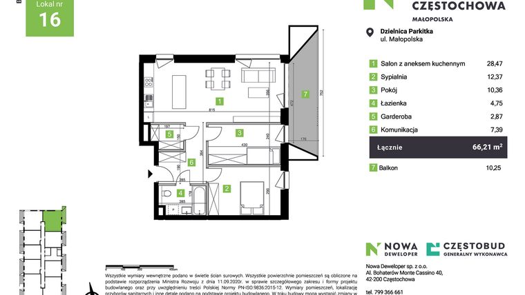 Rzut - Mieszkanie na sprzedaż 3 pokoje o powierzchni 66,21 m² - numer B16 w Nowa Częstochowa Małopolska