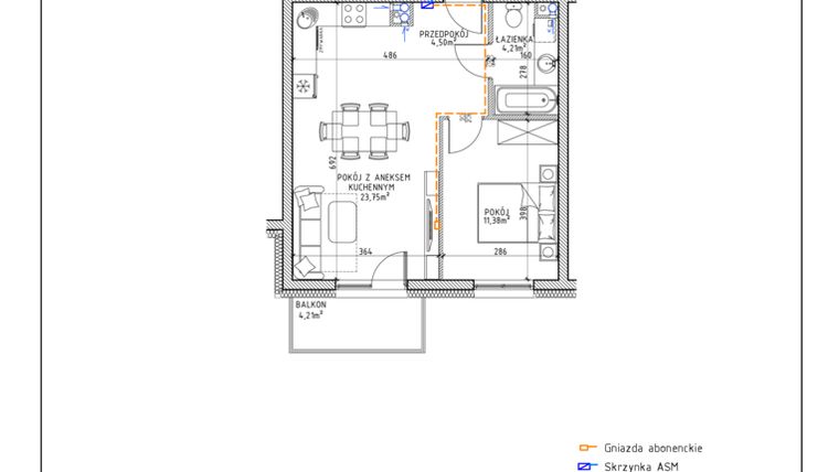 Rzut - Mieszkanie na sprzedaż 2 pokoje o powierzchni 43,84 m² - numer 20 w Osiedle OdNowa K5
