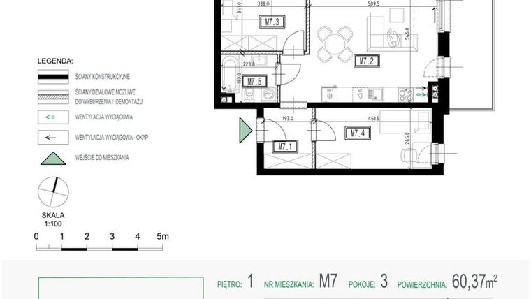 Rzut - Mieszkanie na sprzedaż 3 pokoje o powierzchni 60,37 m² - numer 7 w Kolarska Koncept