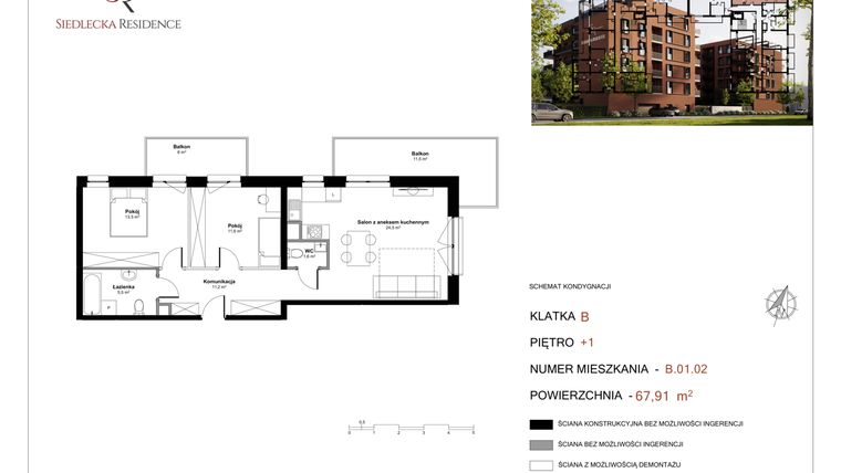 Rzut - Mieszkanie na sprzedaż 3 pokoje o powierzchni 69,42 m² - numer B-01-02 w Siedlecka Residence