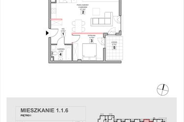 Rzut - Mieszkanie na sprzedaż 2 pokoje o powierzchni 49,34 m² - numer 1.1.6 w Zakątek Harmonia III