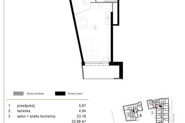 Rzut - Mieszkanie na sprzedaż 1 pokój o powierzchni 33,99 m² - numer B54 w Osiedle Józefowska